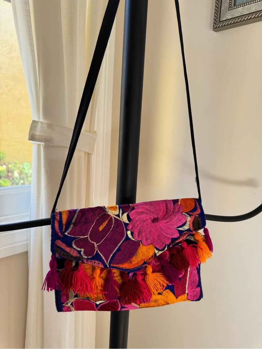 Woman Purse Vibrant Floral Tassel Crossbody Bag Fuchsia Orange Colorful Mexico